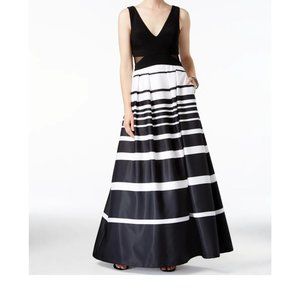 Xscape Women Black and White Striped V Neck Ball Gown Dress